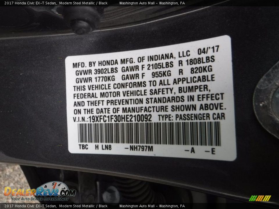 2017 Honda Civic EX-T Sedan Modern Steel Metallic / Black Photo #24