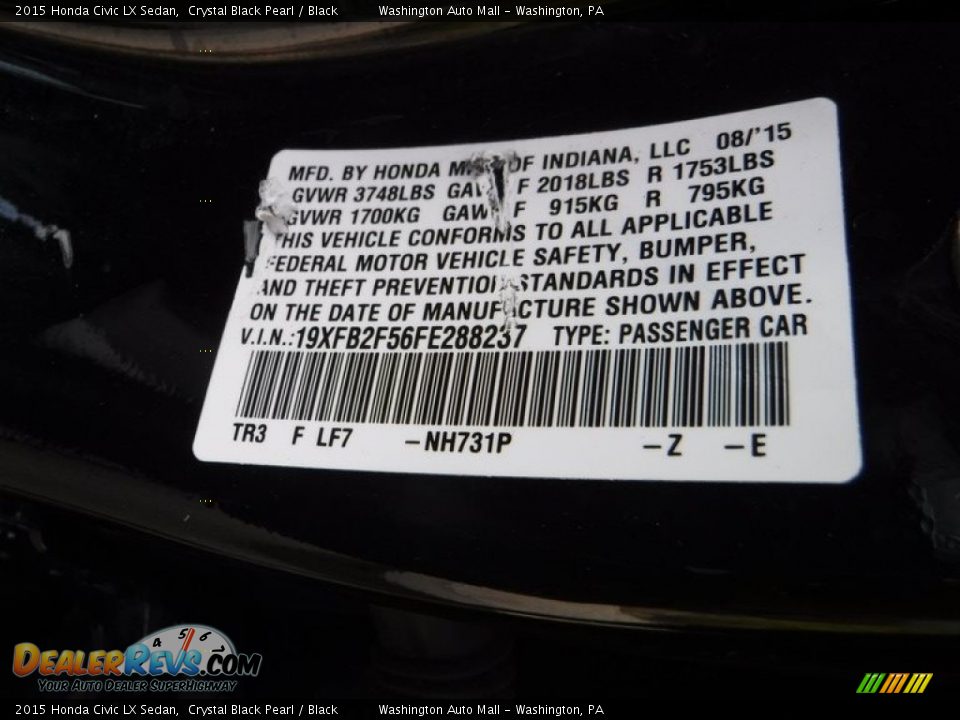 2015 Honda Civic LX Sedan Crystal Black Pearl / Black Photo #27