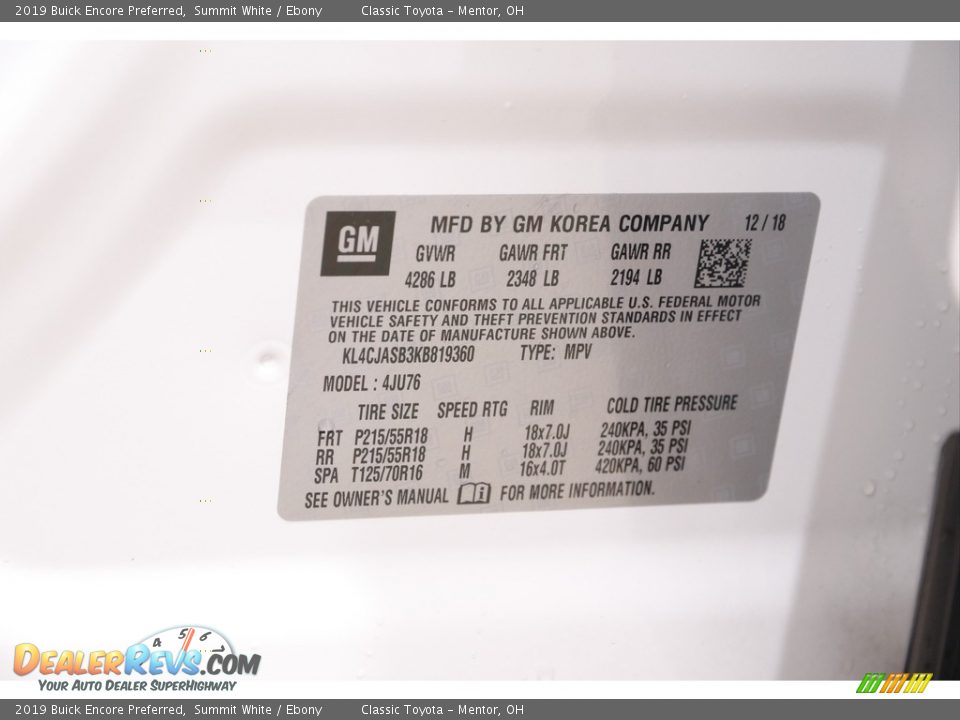 2019 Buick Encore Preferred Summit White / Ebony Photo #19