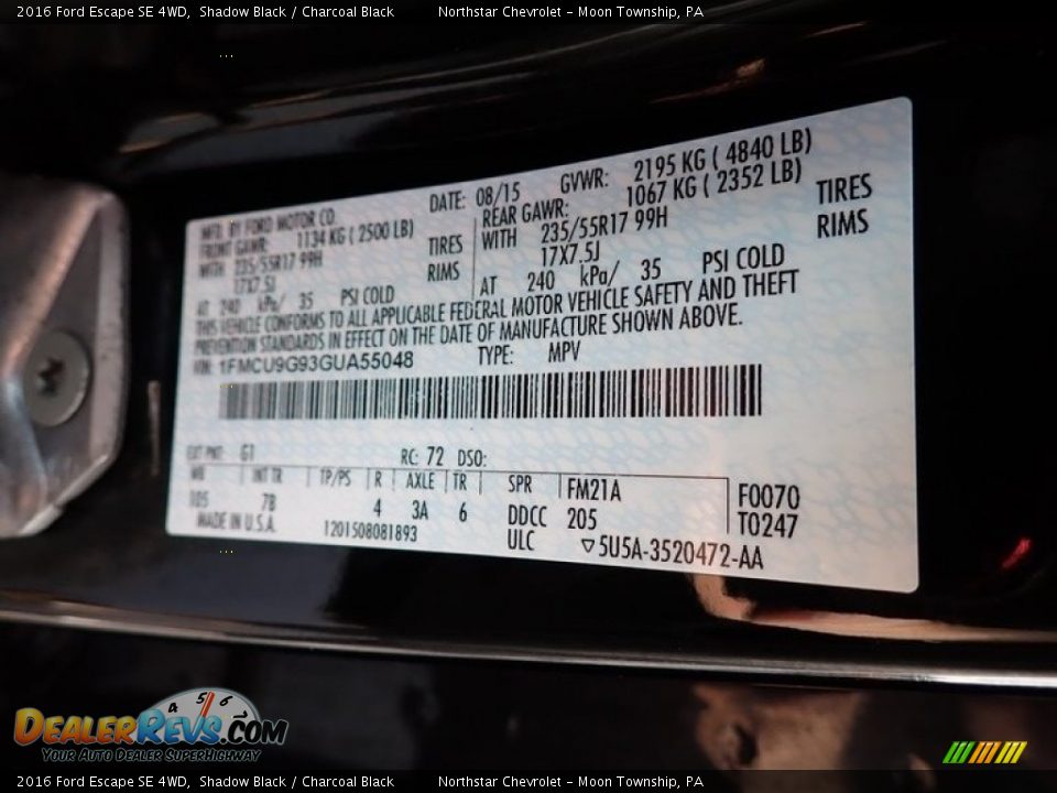 2016 Ford Escape SE 4WD Shadow Black / Charcoal Black Photo #28