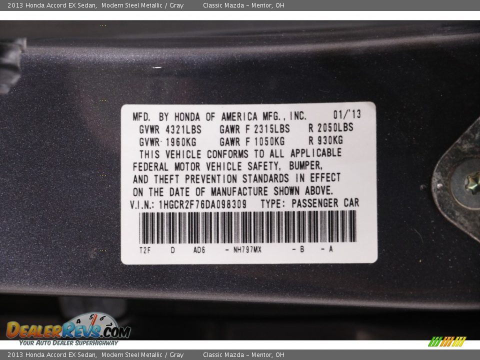 2013 Honda Accord EX Sedan Modern Steel Metallic / Gray Photo #19