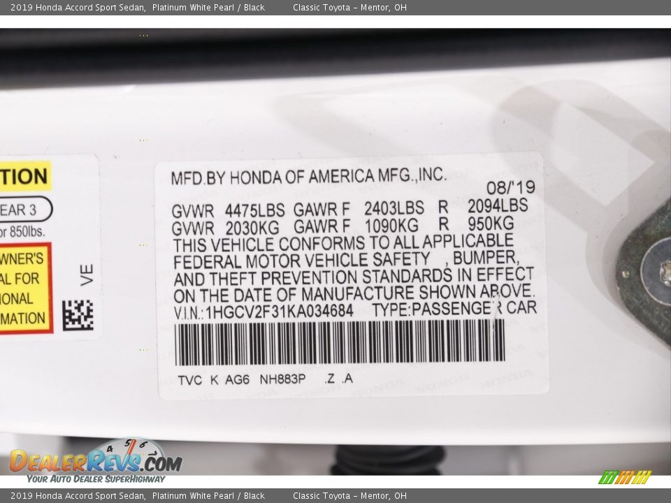 2019 Honda Accord Sport Sedan Platinum White Pearl / Black Photo #22