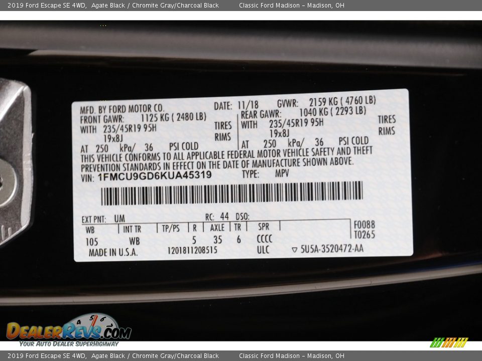 2019 Ford Escape SE 4WD Agate Black / Chromite Gray/Charcoal Black Photo #19