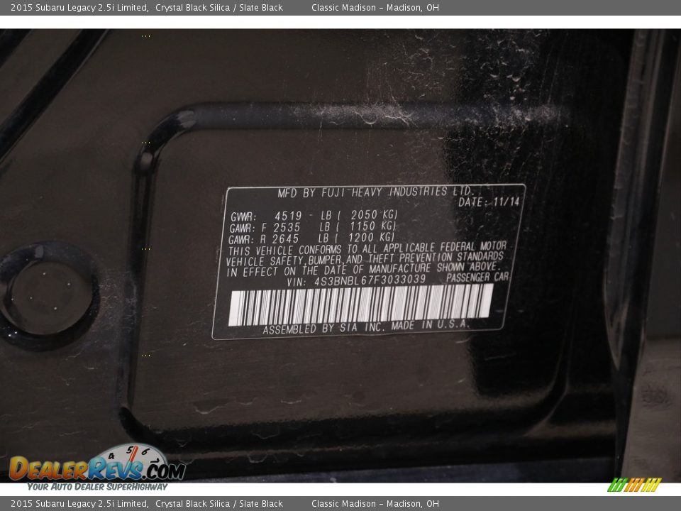 2015 Subaru Legacy 2.5i Limited Crystal Black Silica / Slate Black Photo #20