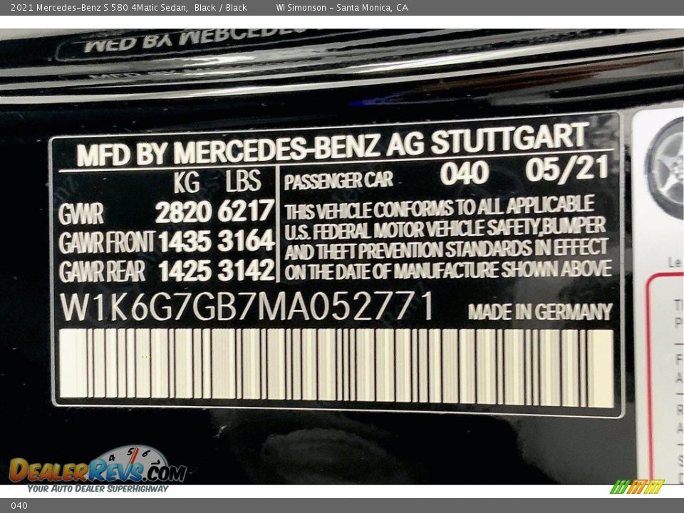 Mercedes-Benz Color Code 040 Black