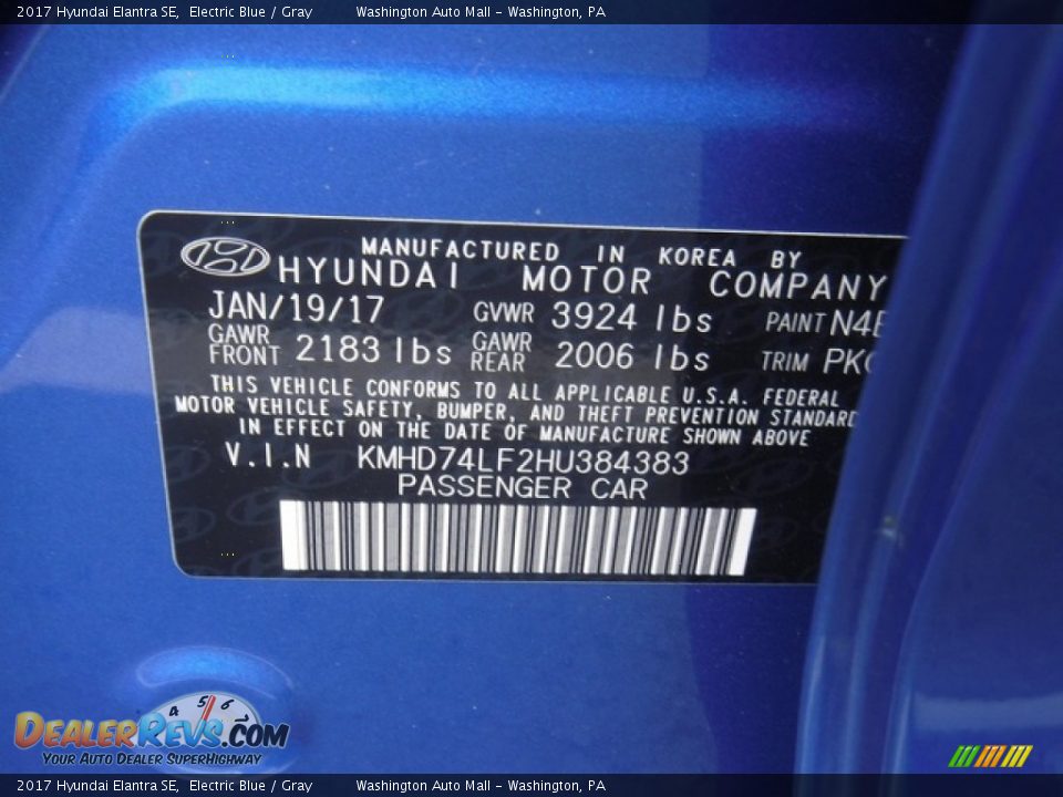 2017 Hyundai Elantra SE Electric Blue / Gray Photo #26