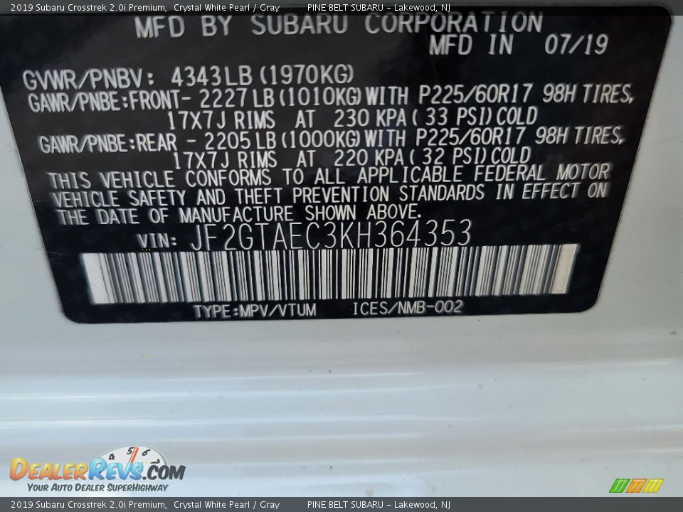 2019 Subaru Crosstrek 2.0i Premium Crystal White Pearl / Gray Photo #32