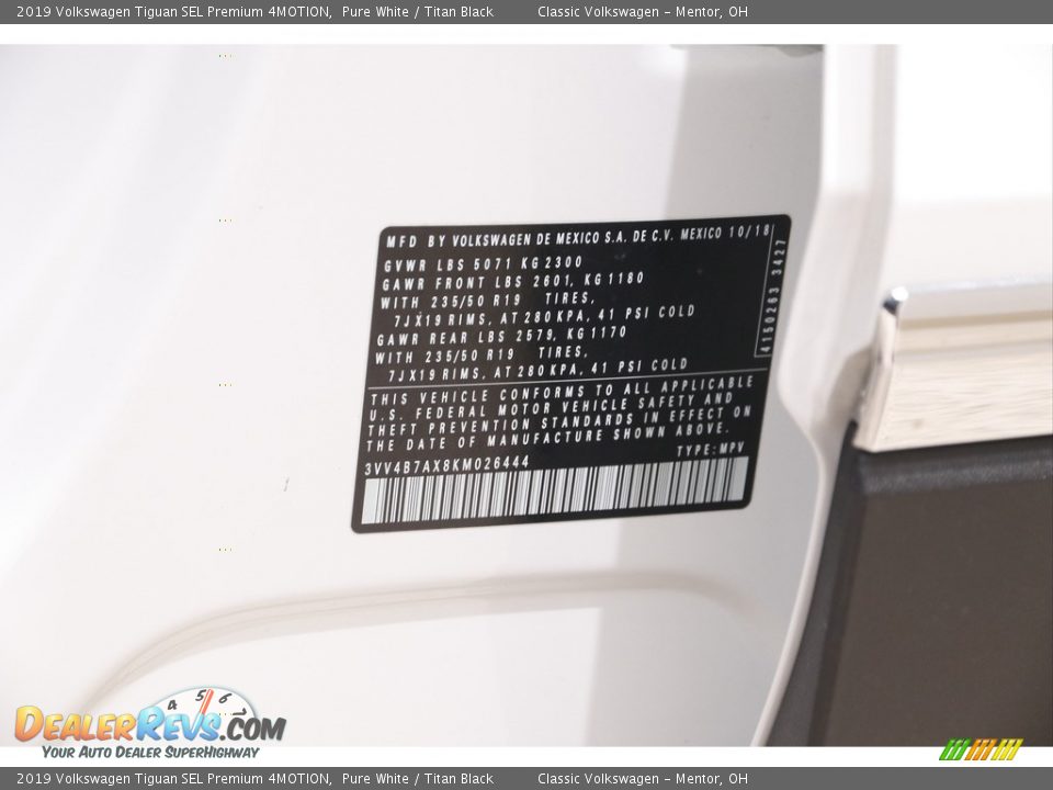 2019 Volkswagen Tiguan SEL Premium 4MOTION Pure White / Titan Black Photo #19