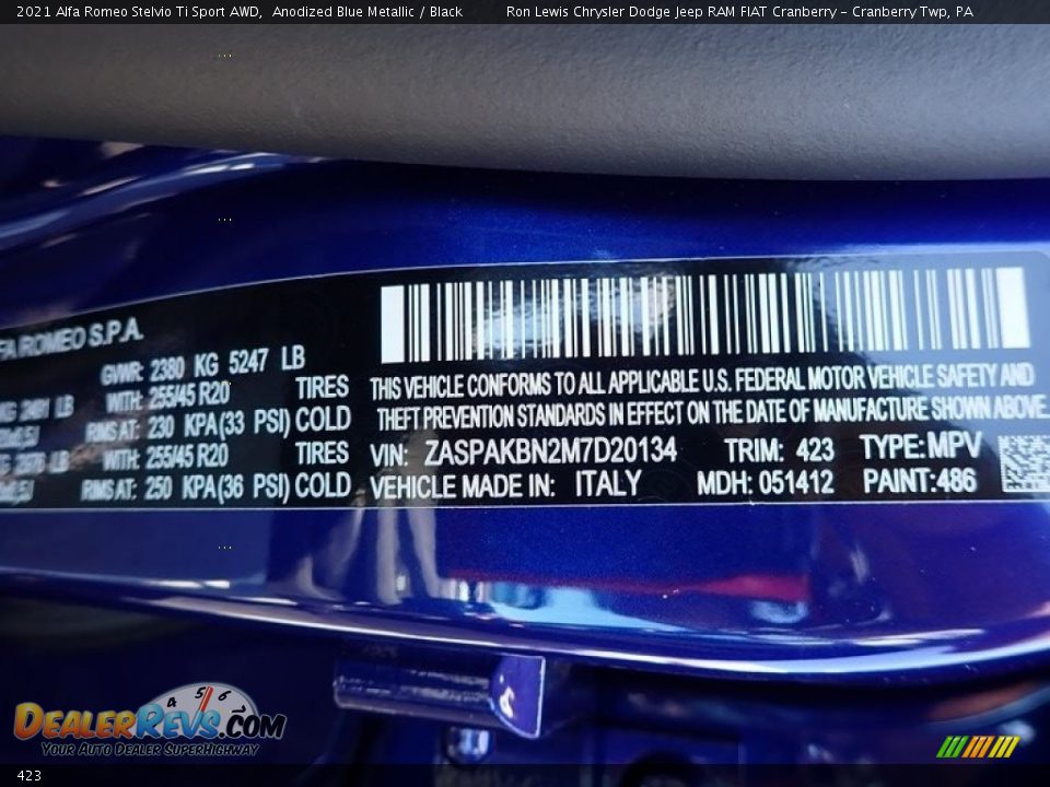 Alfa Romeo Color Code 423 Anodized Blue Metallic