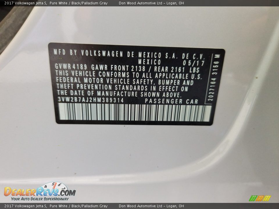 2017 Volkswagen Jetta S Pure White / Black/Palladium Gray Photo #31