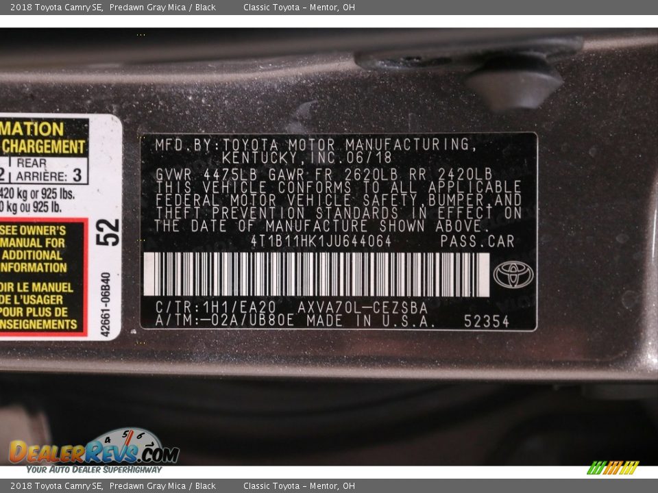 2018 Toyota Camry SE Predawn Gray Mica / Black Photo #20