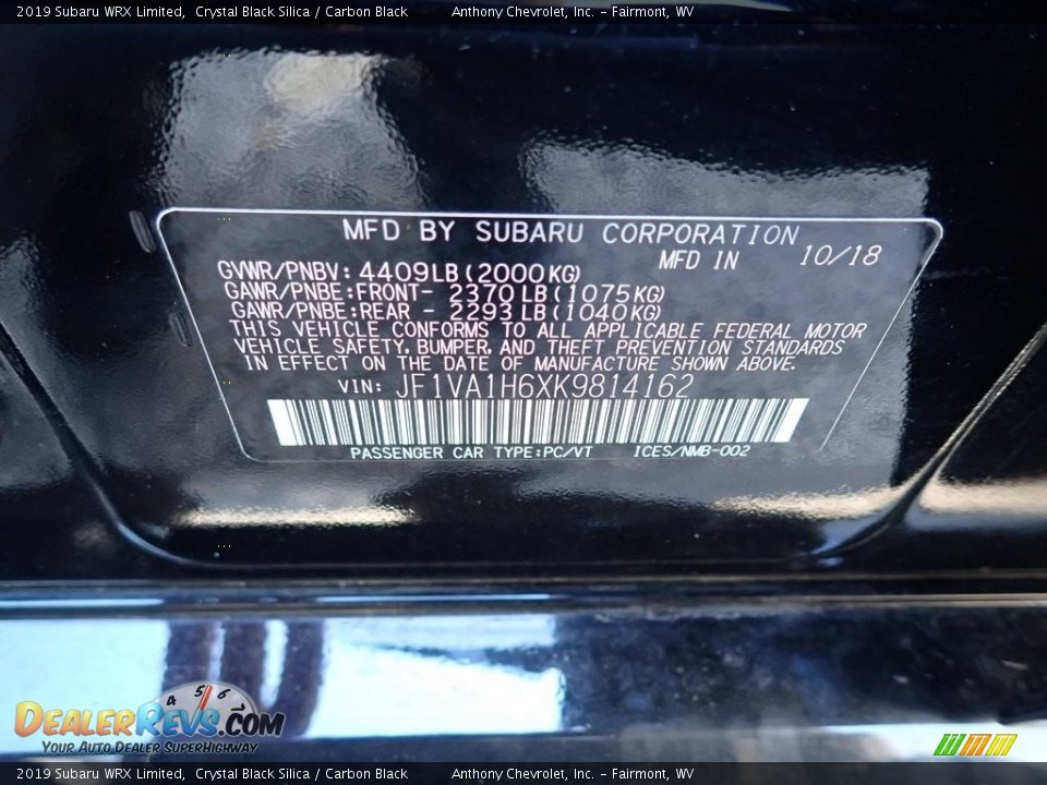 2019 Subaru WRX Limited Crystal Black Silica / Carbon Black Photo #15