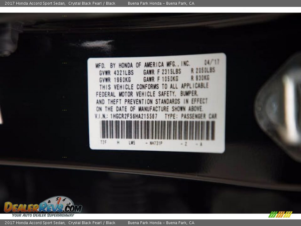 2017 Honda Accord Sport Sedan Crystal Black Pearl / Black Photo #35