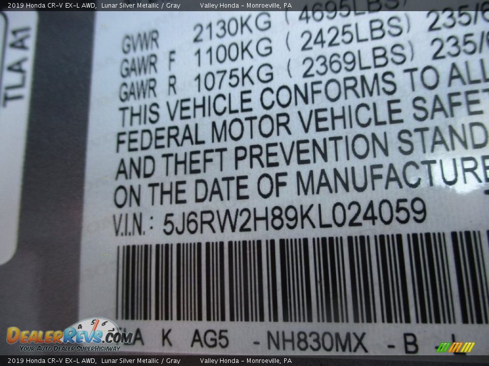2019 Honda CR-V EX-L AWD Lunar Silver Metallic / Gray Photo #19