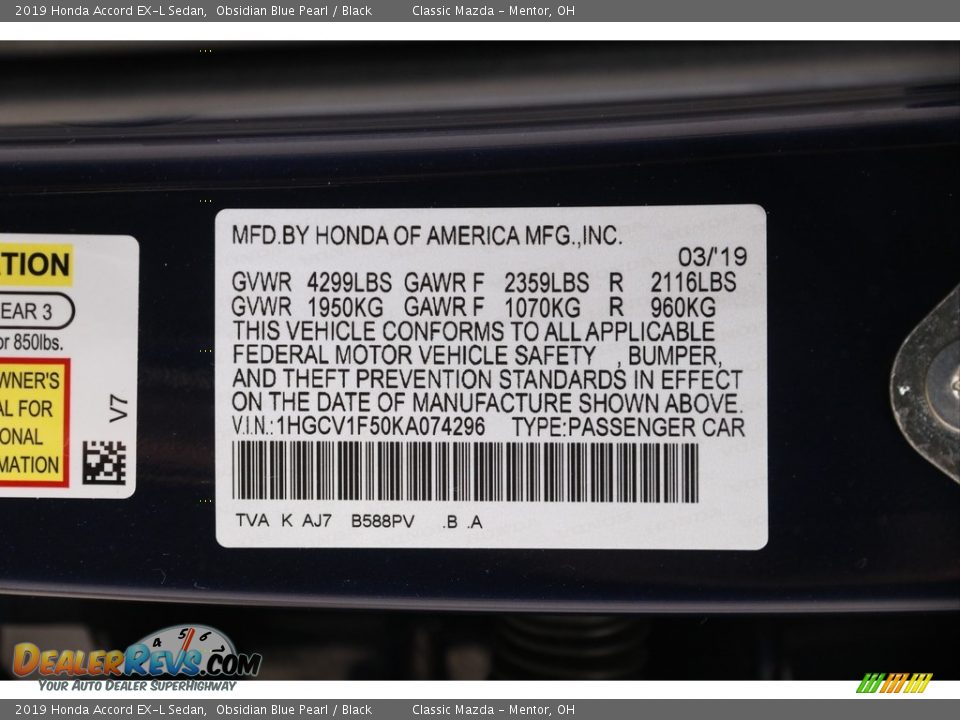 2019 Honda Accord EX-L Sedan Obsidian Blue Pearl / Black Photo #21