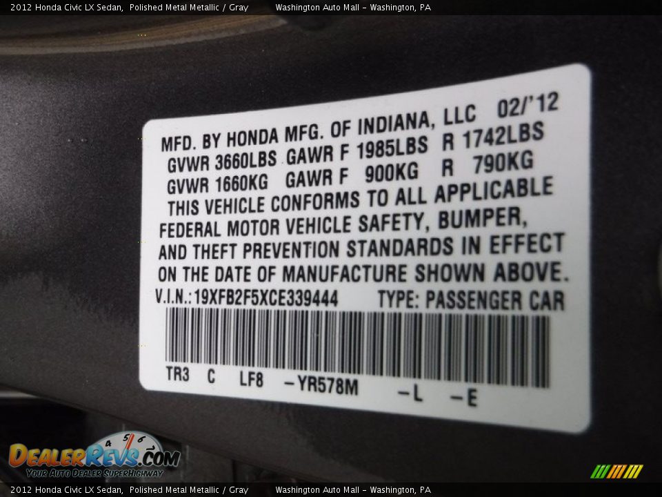 2012 Honda Civic LX Sedan Polished Metal Metallic / Gray Photo #21