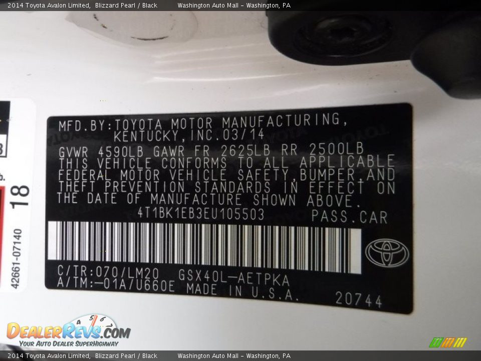 2014 Toyota Avalon Limited Blizzard Pearl / Black Photo #27