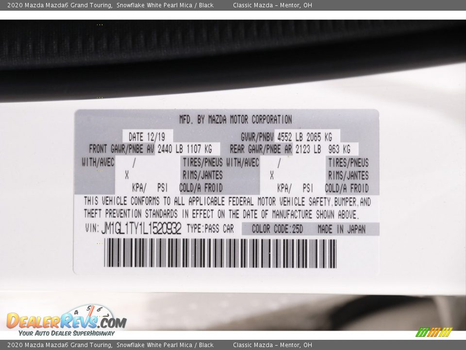 2020 Mazda Mazda6 Grand Touring Snowflake White Pearl Mica / Black Photo #19
