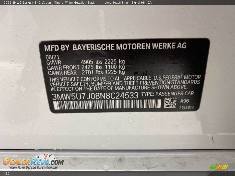 BMW Color Code A96 Mineral White Metallic