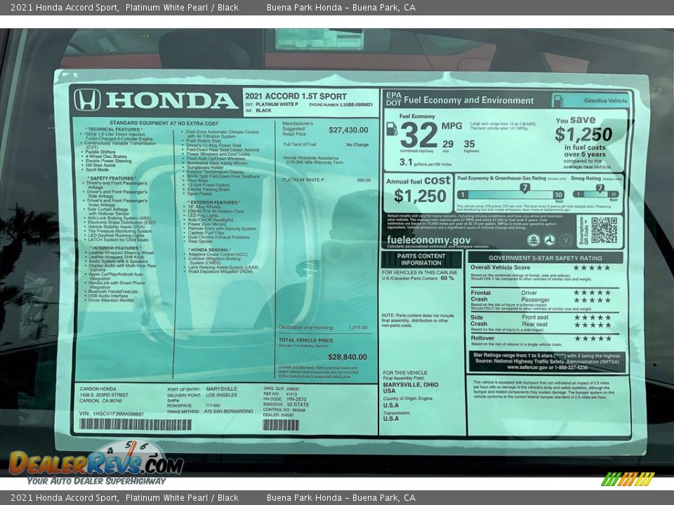 2021 Honda Accord Sport Window Sticker Photo #13
