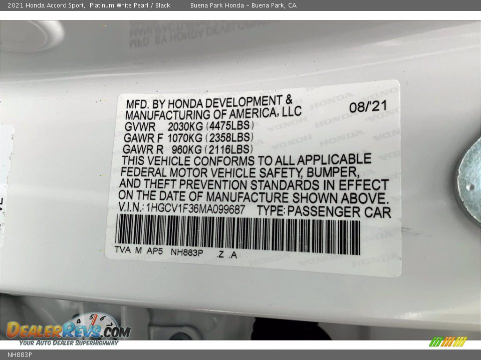 Honda Color Code NH883P Platinum White Pearl