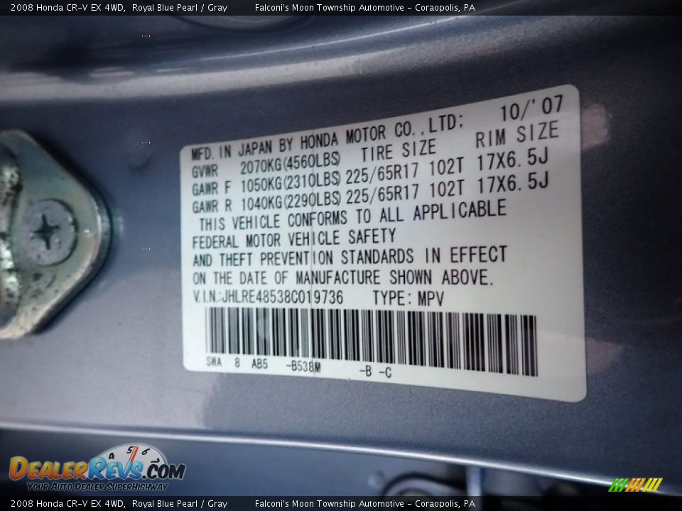 2008 Honda CR-V EX 4WD Royal Blue Pearl / Gray Photo #28