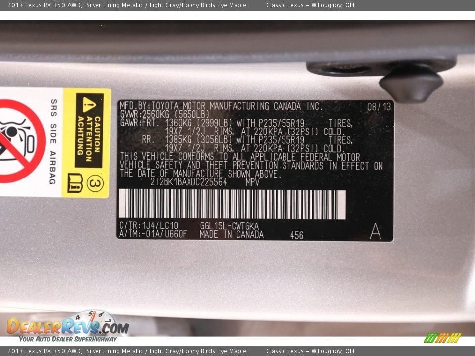 2013 Lexus RX 350 AWD Silver Lining Metallic / Light Gray/Ebony Birds Eye Maple Photo #24
