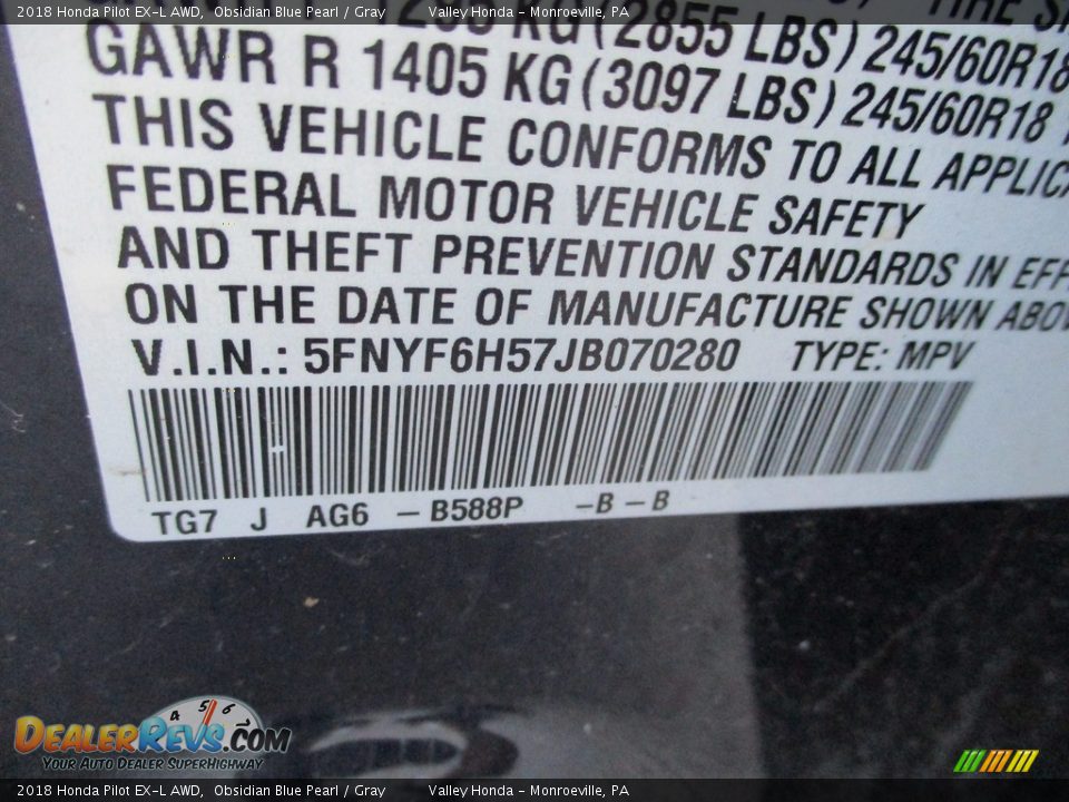 2018 Honda Pilot EX-L AWD Obsidian Blue Pearl / Gray Photo #19