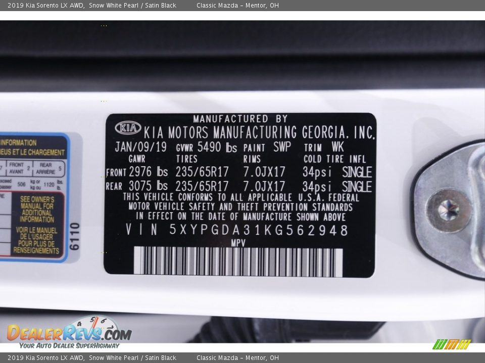 2019 Kia Sorento LX AWD Snow White Pearl / Satin Black Photo #18