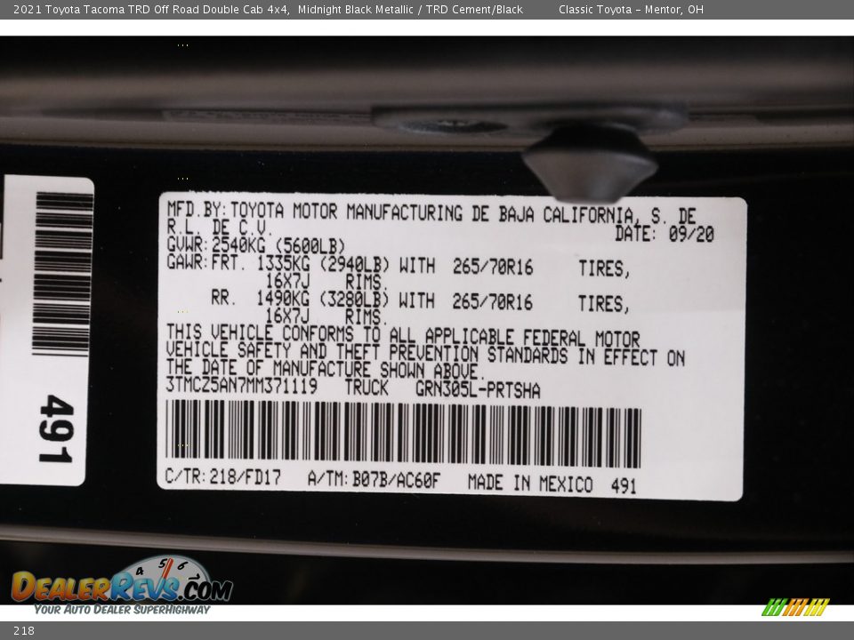 Toyota Color Code 218 Midnight Black Metallic