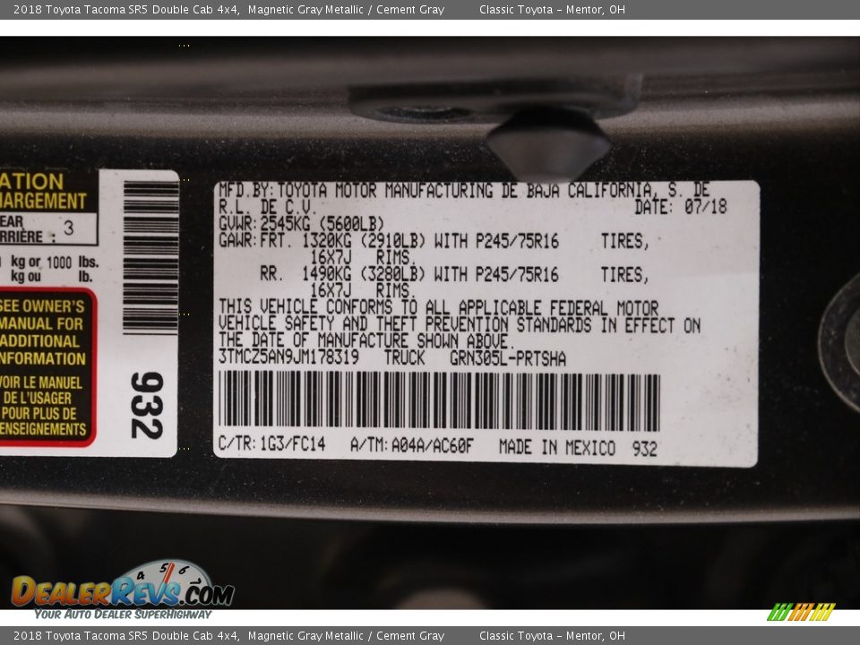 2018 Toyota Tacoma SR5 Double Cab 4x4 Magnetic Gray Metallic / Cement Gray Photo #19