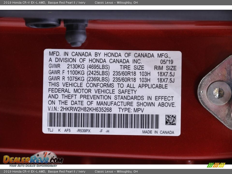 2019 Honda CR-V EX-L AWD Basque Red Pearl II / Ivory Photo #22