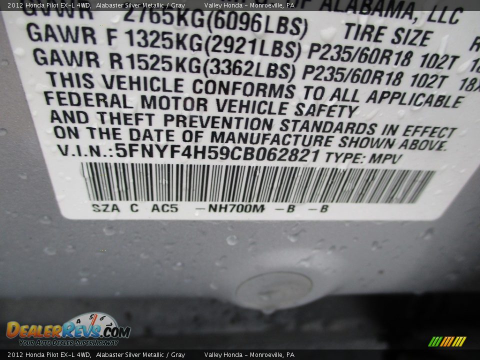 2012 Honda Pilot EX-L 4WD Alabaster Silver Metallic / Gray Photo #19