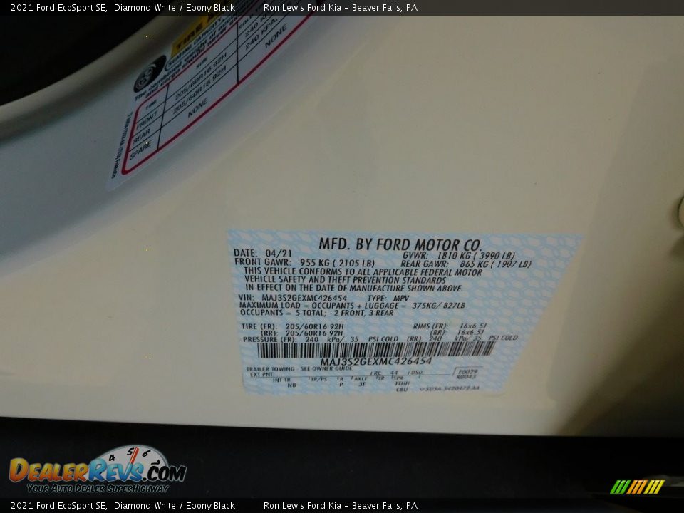 2021 Ford EcoSport SE Diamond White / Ebony Black Photo #20