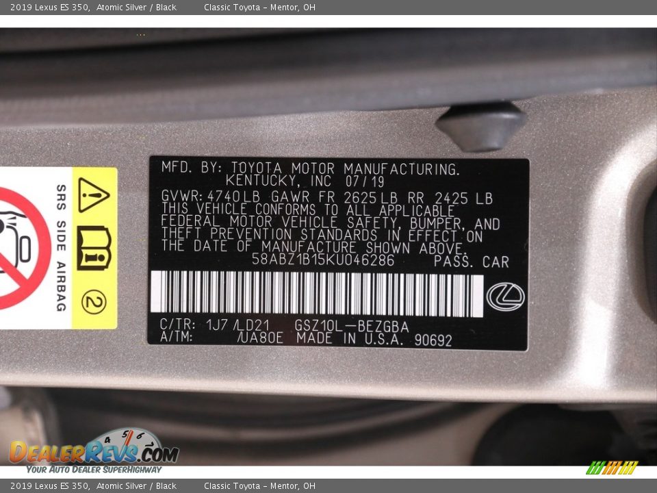 2019 Lexus ES 350 Atomic Silver / Black Photo #23