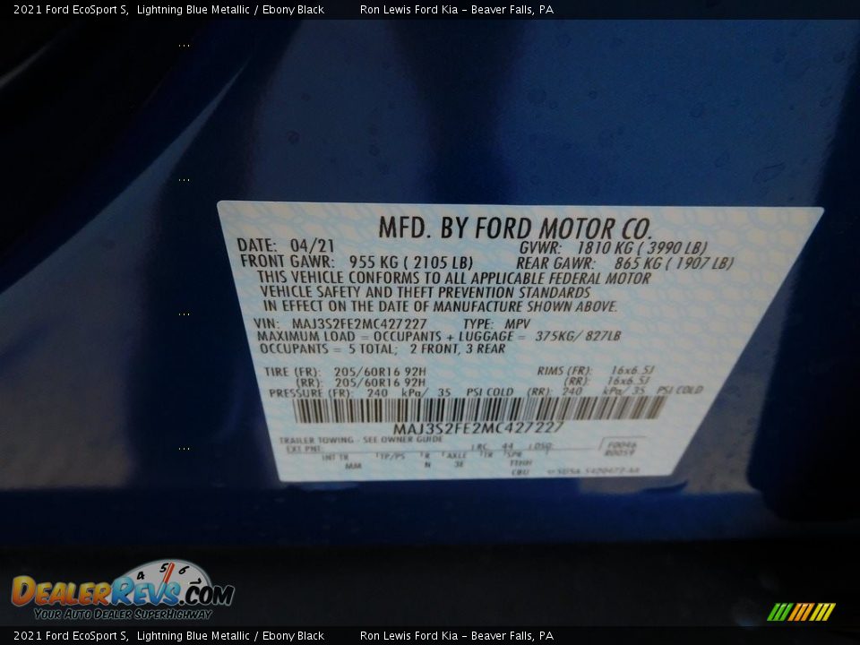 2021 Ford EcoSport S Lightning Blue Metallic / Ebony Black Photo #20