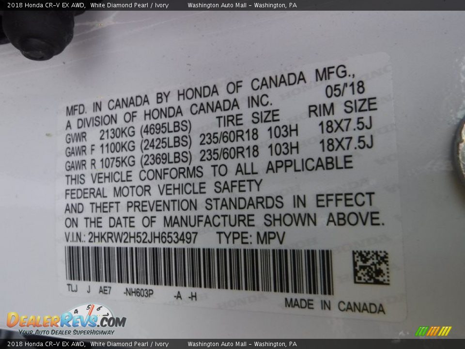 2018 Honda CR-V EX AWD White Diamond Pearl / Ivory Photo #31