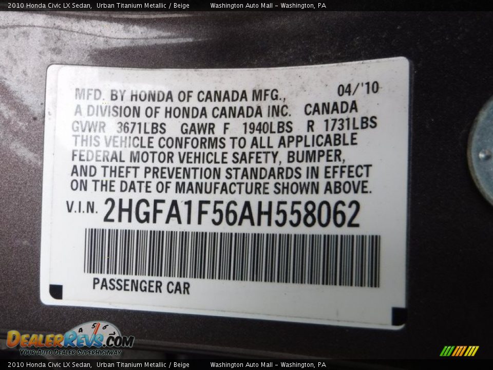 2010 Honda Civic LX Sedan Urban Titanium Metallic / Beige Photo #23