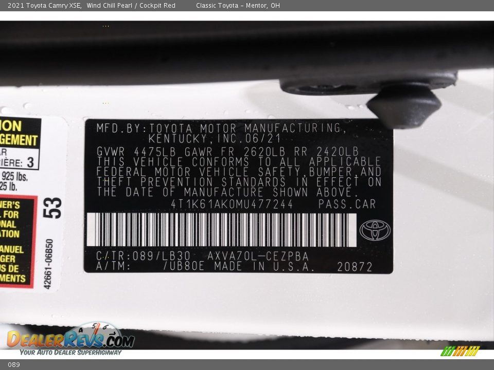 Toyota Color Code 089 Wind Chill Pearl