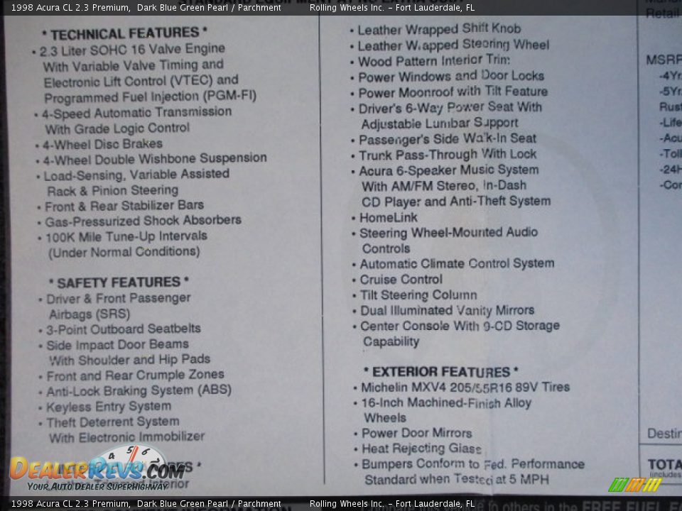 1998 Acura CL 2.3 Premium Window Sticker Photo #30