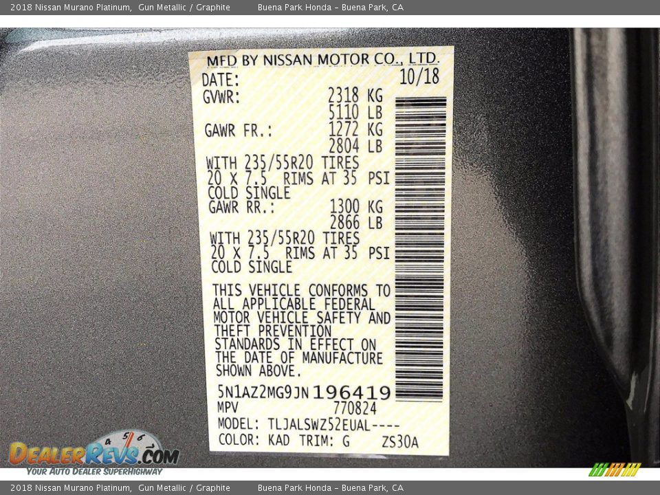 2018 Nissan Murano Platinum Gun Metallic / Graphite Photo #33