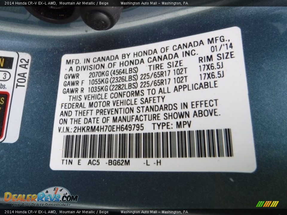 2014 Honda CR-V EX-L AWD Mountain Air Metallic / Beige Photo #31