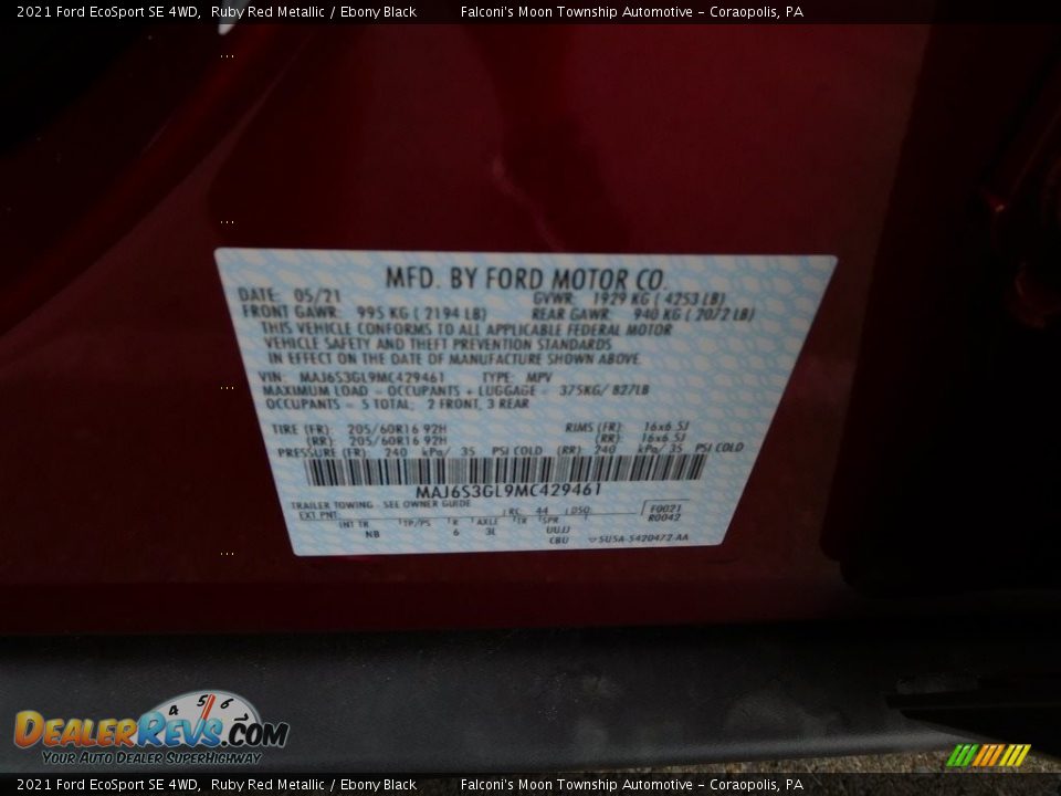 2021 Ford EcoSport SE 4WD Ruby Red Metallic / Ebony Black Photo #20