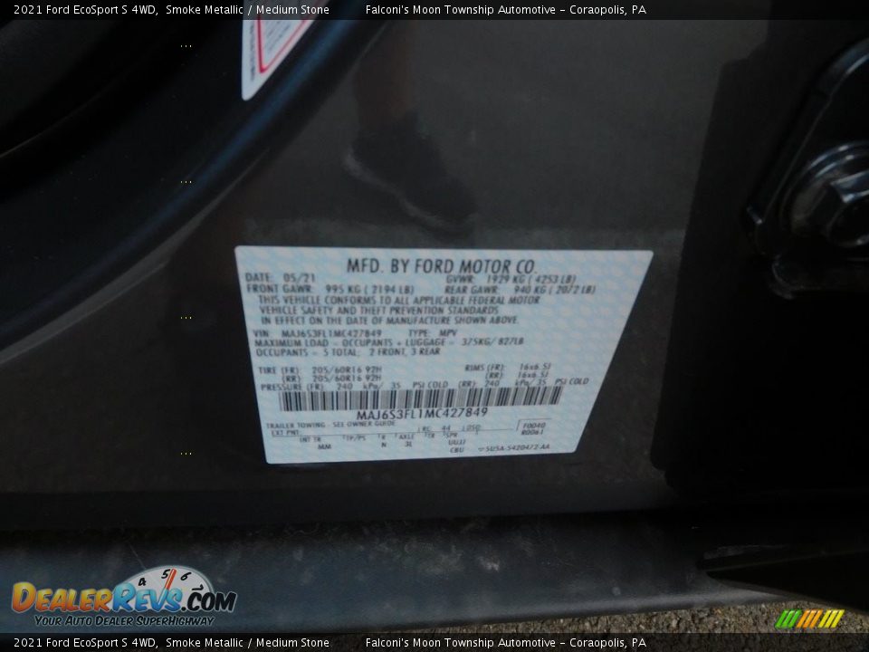 2021 Ford EcoSport S 4WD Smoke Metallic / Medium Stone Photo #20