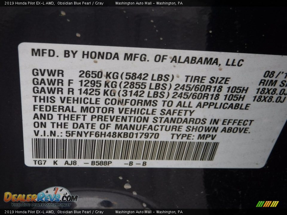 2019 Honda Pilot EX-L AWD Obsidian Blue Pearl / Gray Photo #35