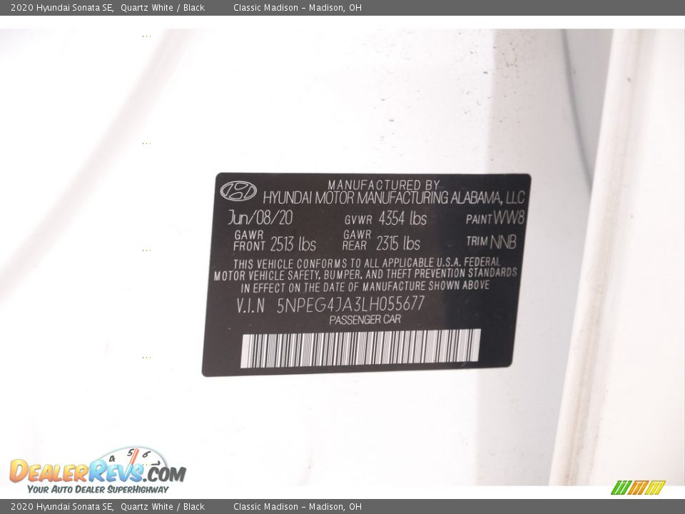 2020 Hyundai Sonata SE Quartz White / Black Photo #19