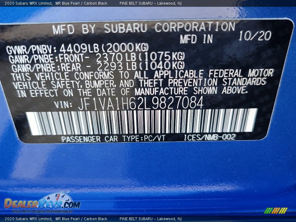 2020 Subaru WRX Limited WR Blue Pearl / Carbon Black Photo #29
