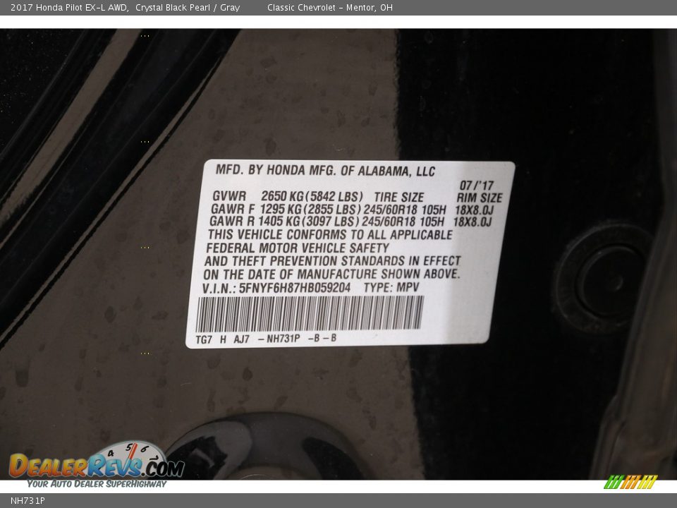 Honda Color Code NH731P Crystal Black Pearl