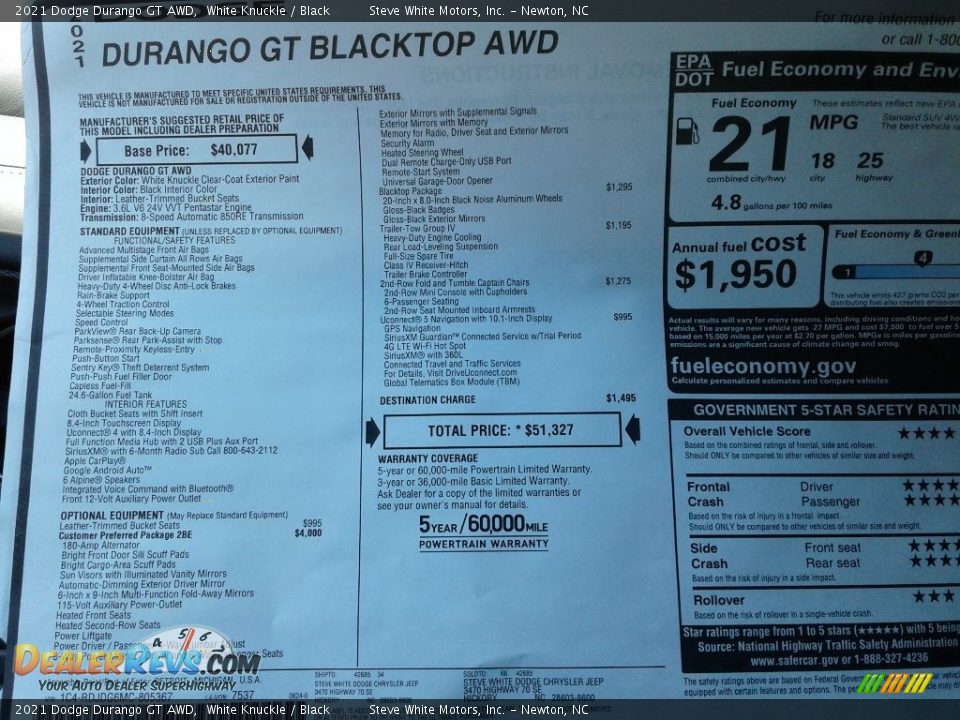 2021 Dodge Durango GT AWD White Knuckle / Black Photo #31