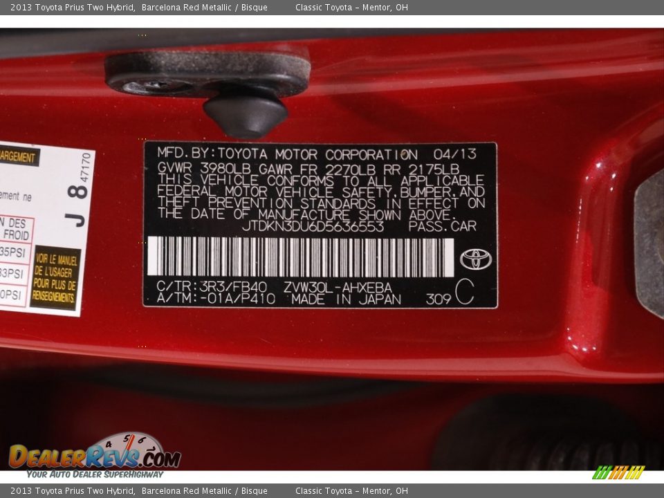 2013 Toyota Prius Two Hybrid Barcelona Red Metallic / Bisque Photo #20